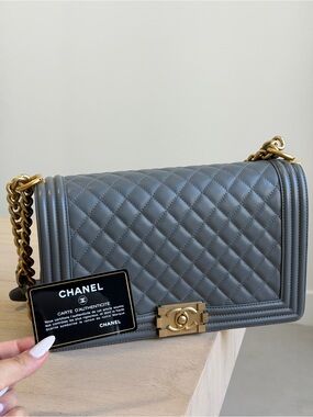 CHANEL Gray Boy Flap Bag Lambskin Medium with Aged Gold Hardware